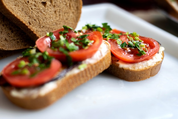 Delicious sandwiches brown toasts with fresh vegetables such as red sliced tomatoes and black fried eggplants with greens on top on white plate