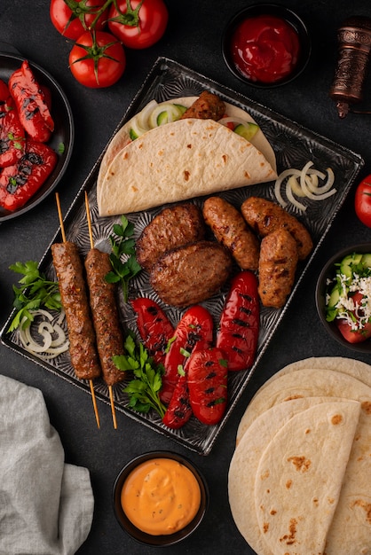 Delicious serbian food arrangement flat lay