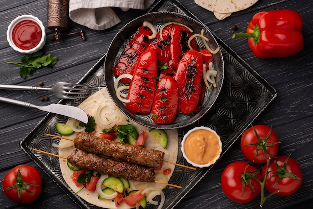 Delicious serbian food on table flat lay