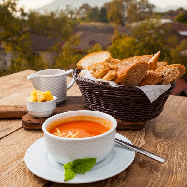 Delicious soup meal in a bowl with bread high angle view with a forest on background