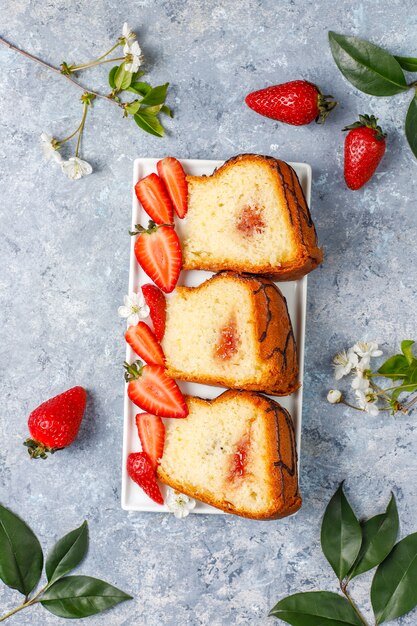 Delicious strawberry chocolate cake with fresh strawberries,top view