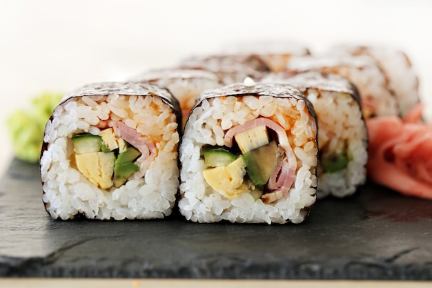 Delicious sushi served on the table