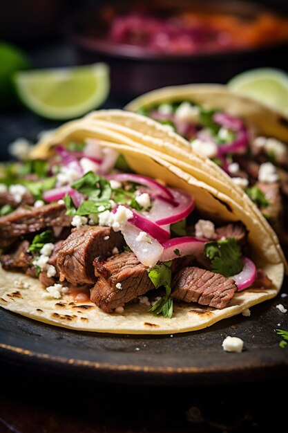 Delicious tacos on table