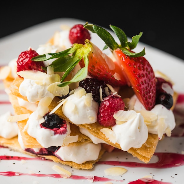 Free Photo delicious waffles with strawberries close up