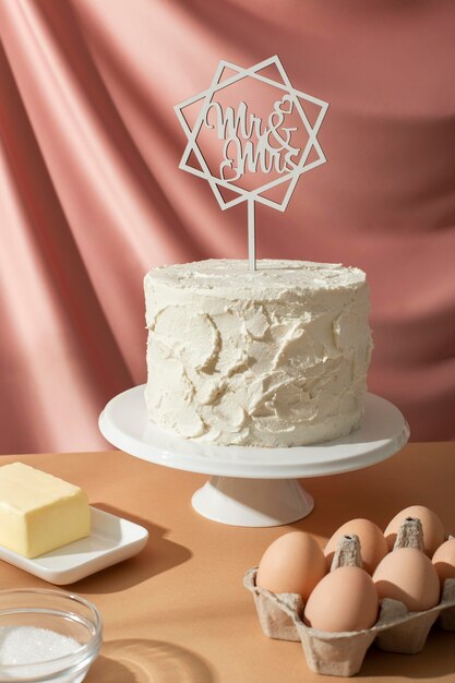 Delicious wedding cake and ingredients