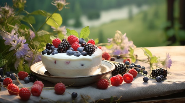 Free photo delicious yogurt with forest berries on an antique table