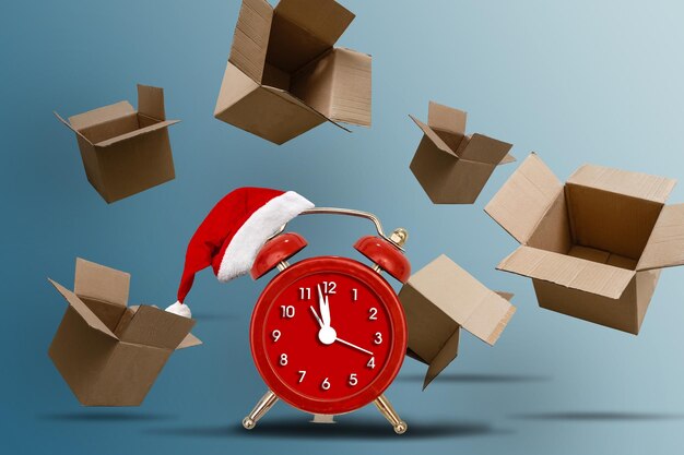 Delivery boxes and watches with santa hat. Optimization of delivery logistics Transport company.