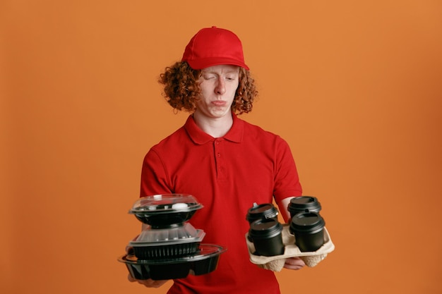 Delivery man employee in red cap blank tshirt uniform holding food containers and coffee cups looking confused with sad expression standing over orange background