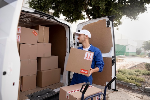 Delivery man holding box medium shot