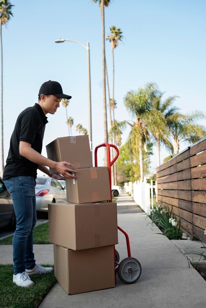 Delivery person getting parcel out for delivery