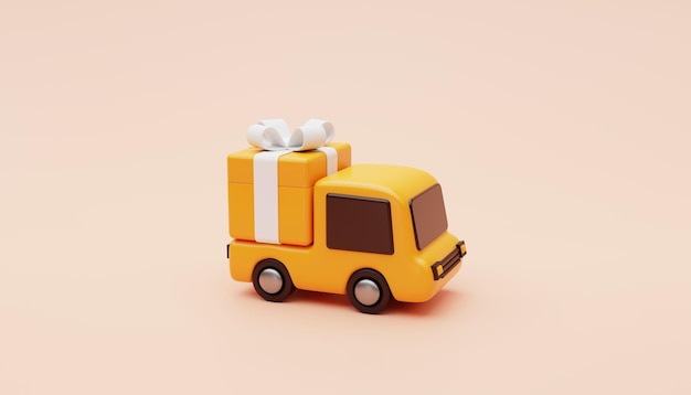 Free photo delivery truck with gift box present surprise or free shipping fast delivery car deliver express delivery transportation logistics concept background 3d rendering illustration