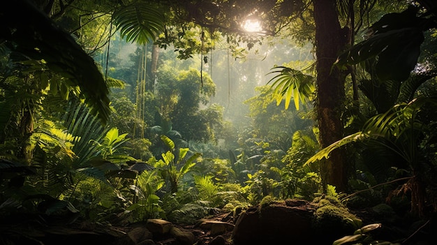 A dense jungle canopy with vibrant and varied flora hiding mysterious creatures within its shadows