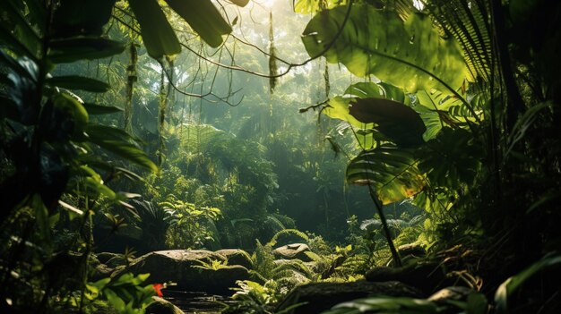 A dense jungle canopy with vibrant and varied flora hiding mysterious creatures within its shadows