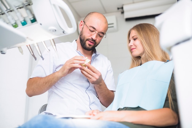 Free photo dentist explaining dental hygiene to female patient