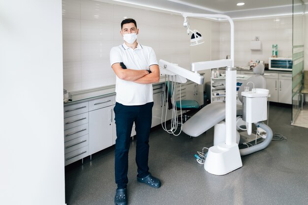 Dentist posing in office with surgical mask