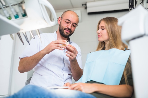 Dentist showing dental jaw to female patient in clinic