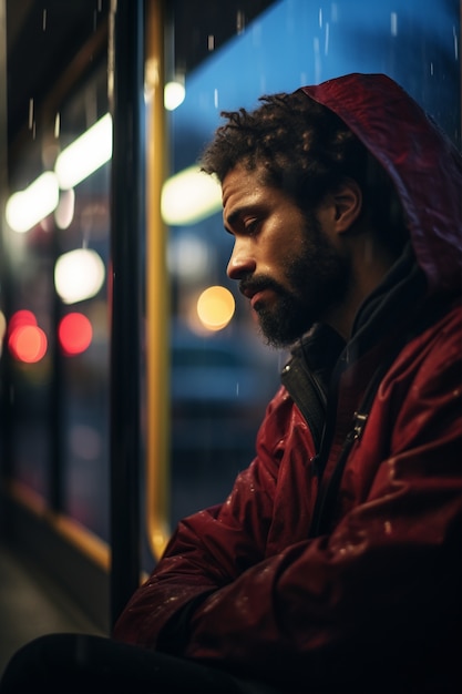 Free Photo depressed man standing in rain