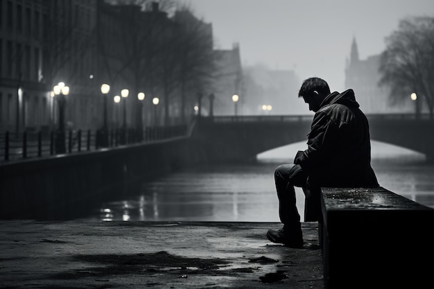 Free photo depressed man standing in the rain