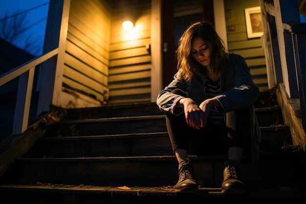 Depressed person sitting on stairs