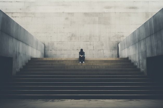 Depressed person standing on stairs