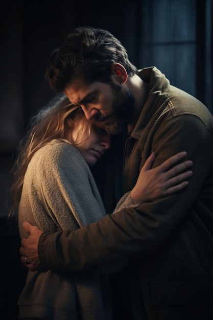 Depressed woman hugged by man