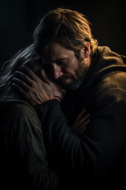 Depressed woman hugged by man