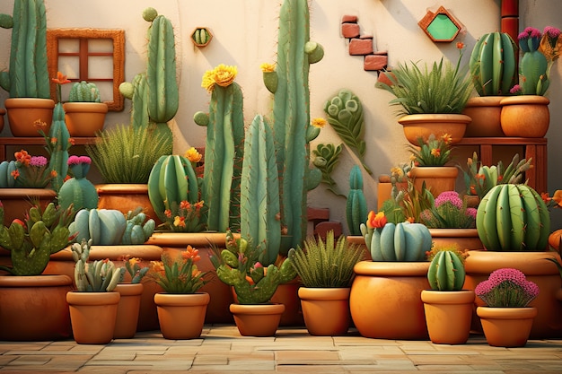 Free photo desert cacti in pots arrangement