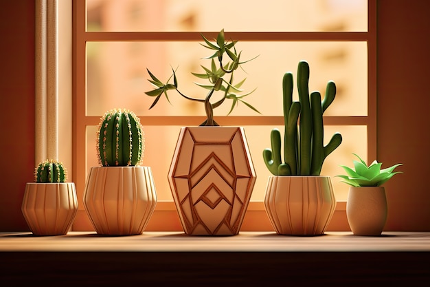 Free photo desert cacti in pots arrangement