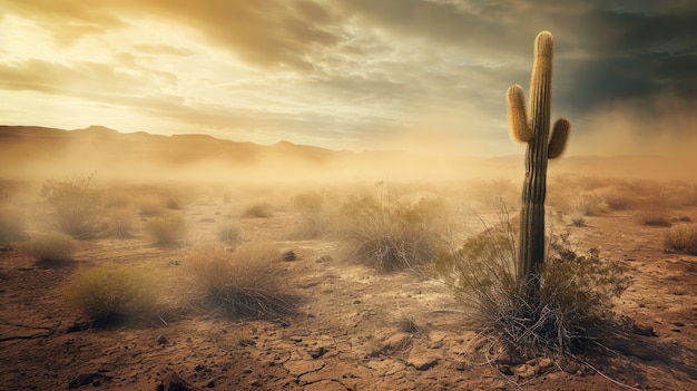 Desert landscape with cacti and sandstorm