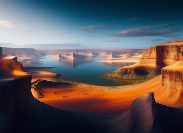 Free photo a desert landscape with a lake and mountains in the background.