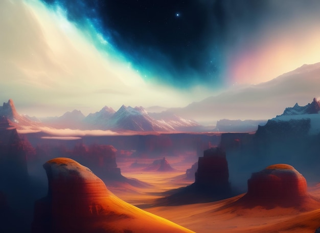 Free Photo a desert landscape with mountains and a sky with stars