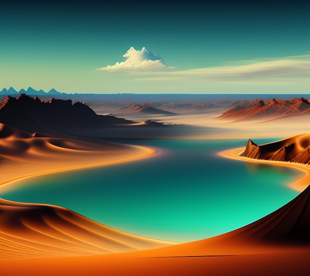 Free photo a desert scene with a mountain in the background and a blue sky with clouds.