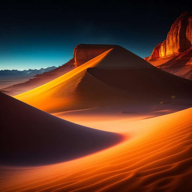 A desert scene with a mountain in the background and the sun is setting.