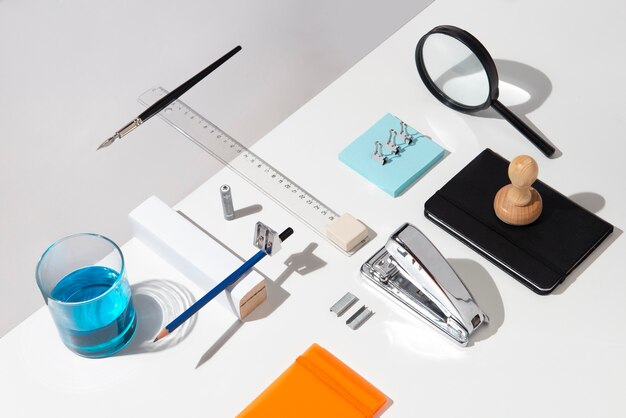 Desk items arrangement high angle