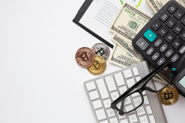 Desk with financial instruments top view