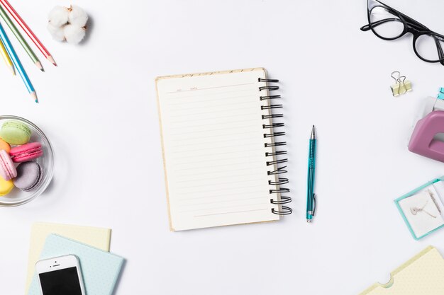 Desk workspace with various elements