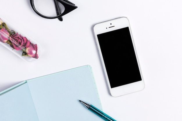 Desk workspace with various elements