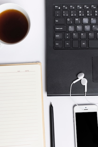 Desk workspace with various elements