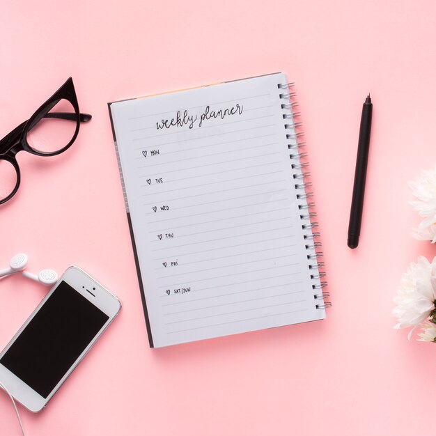 Desk workspace with various elements