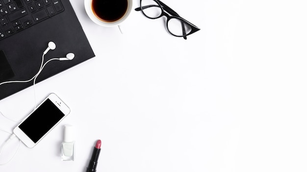 Desk workspace with various elements