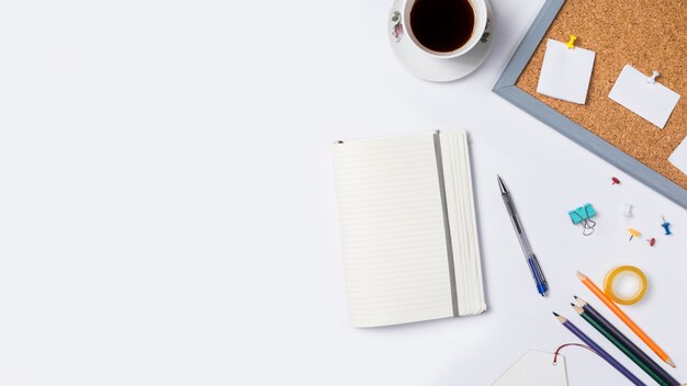 Desk workspace with various elements