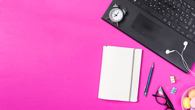 Desk workspace with various elements