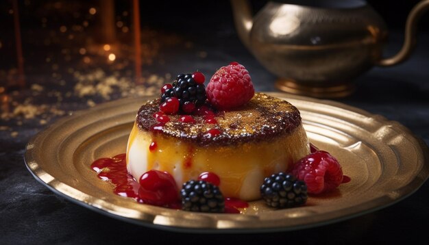 A dessert with blackberries and raspberries on a gold plate