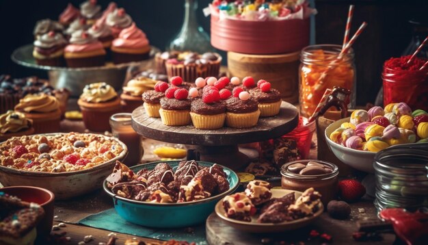 Desserts on rustic wood table generated by AI