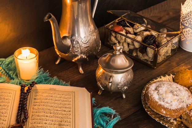 Desserts and tea set near religious book