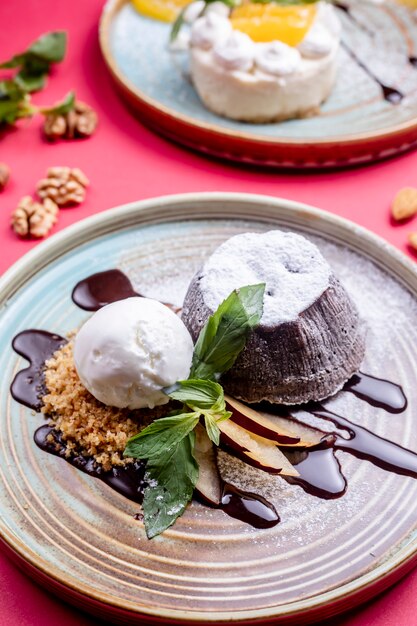 Desserts with ice cream and chocolate syrup