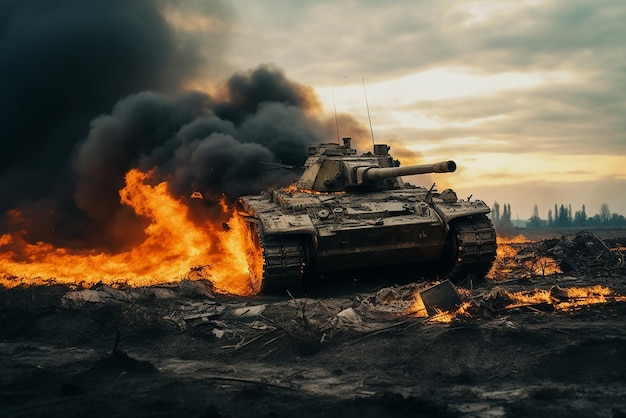 Free photo a destroyed tank in a field