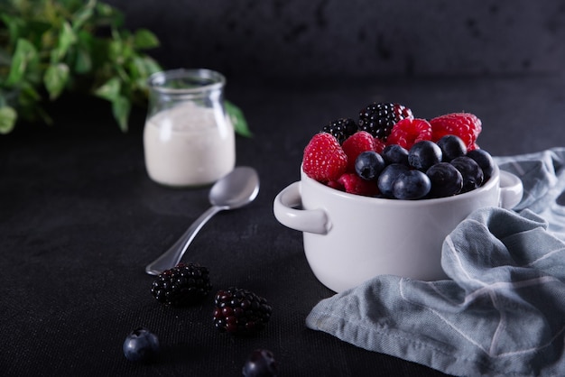 Free photo diet with blueberries, raspberries, blackberries and yogurt