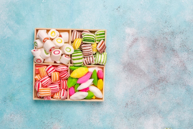 Different colorful sugar candies,top view