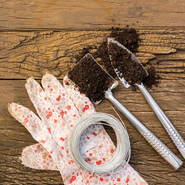 Different gardening tools on wooden table